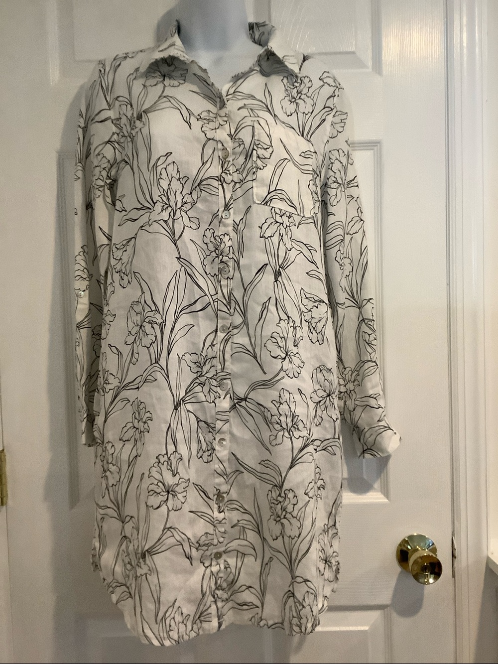 CYNTHIA ROWLEY 100% European Flax Linen Floral Coastal Grandma Shirt Dress S